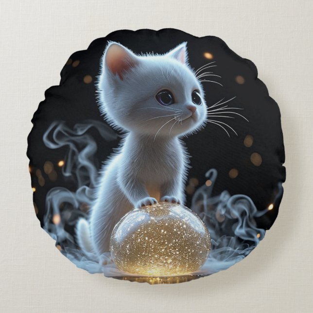 Cojín Redondo Gatito blanco adorable con brillo místico (Anverso)