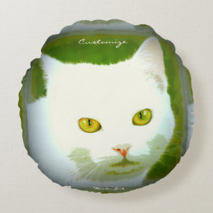 Cojín Redondo gatito blanco cara verde Thunder_Cove