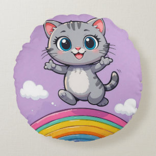 Cojín Redondo Gatito de dibujos animados adorable saltando alegr