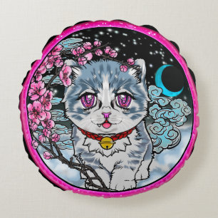 Cojín Redondo gatito de nieve de anime de cerezo