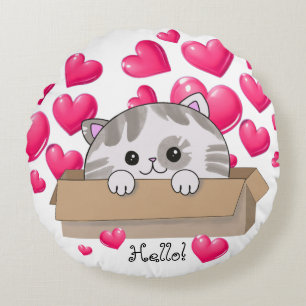 Cojín Redondo Gatito lindo en una caja y corazones rosados
