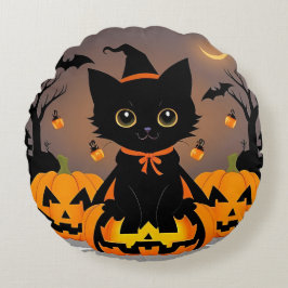 Cojín Redondo Gatito negro adorable con sombrero de bruja