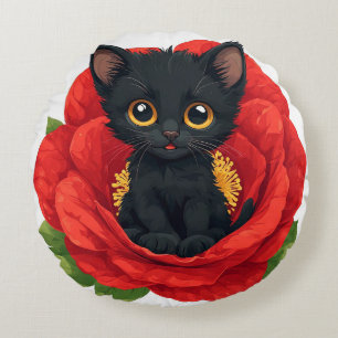 Cojín Redondo Gatito negro adorable en una flor roja vibrante