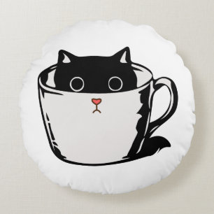 Cojín Redondo Gatito negro con nariz roja escondido en una taza