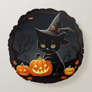 Cojín Redondo Gatito negro con sombrero de bruja entre calabazas