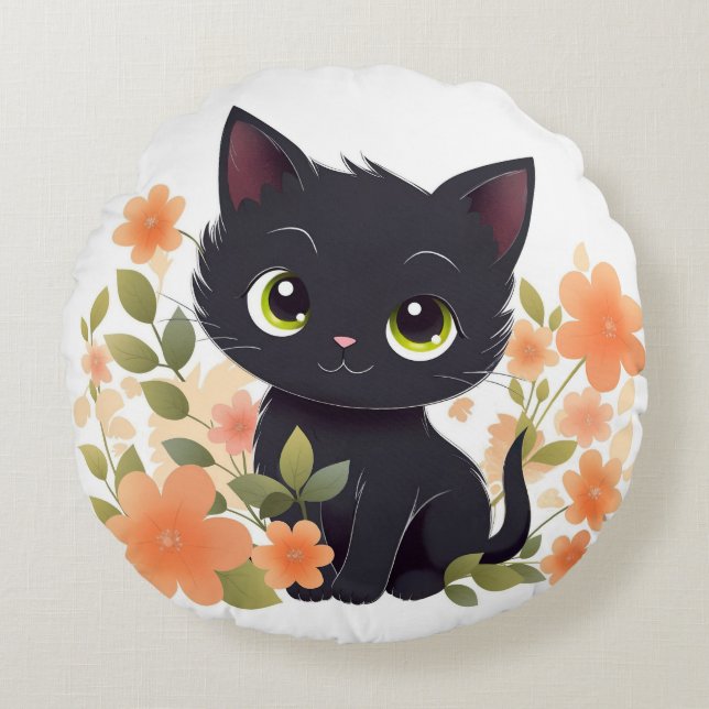 Cojín Redondo Gatito negro dulce con flores Kawaii Chibi (Anverso)