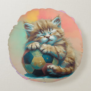 Cojín Redondo Gatito Soñoliento con Balón de Fútbol – Adorable A