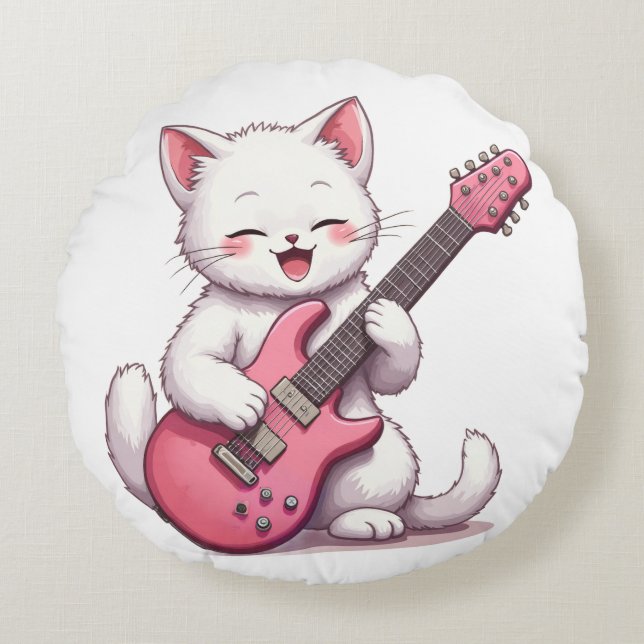 Cojín Redondo Gatito tocando la guitarra (Anverso)