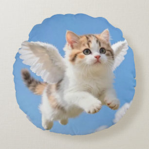 Cojín Redondo Gatito Volador Adorable Calico Tabby Cielo Azul