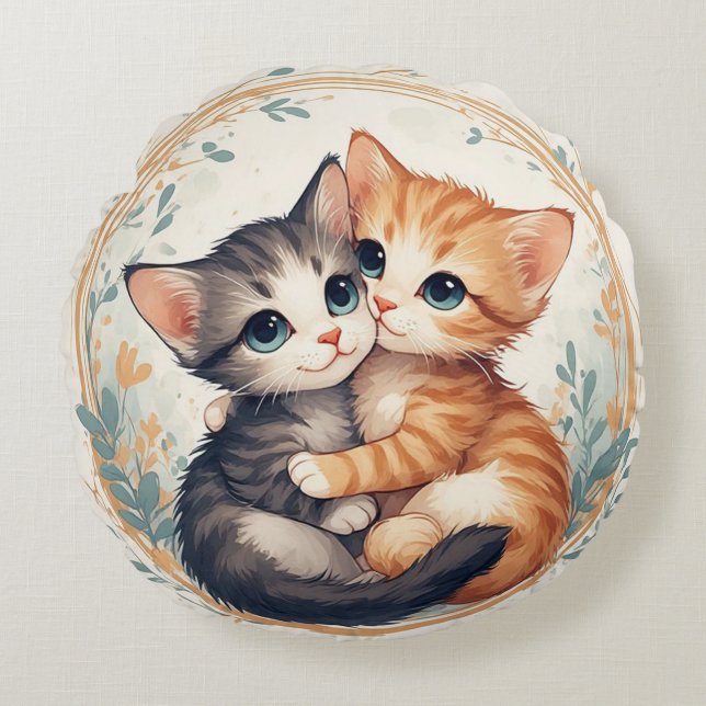 Cojín Redondo Gatitos Lindos Abrazándose Juntos (Anverso)