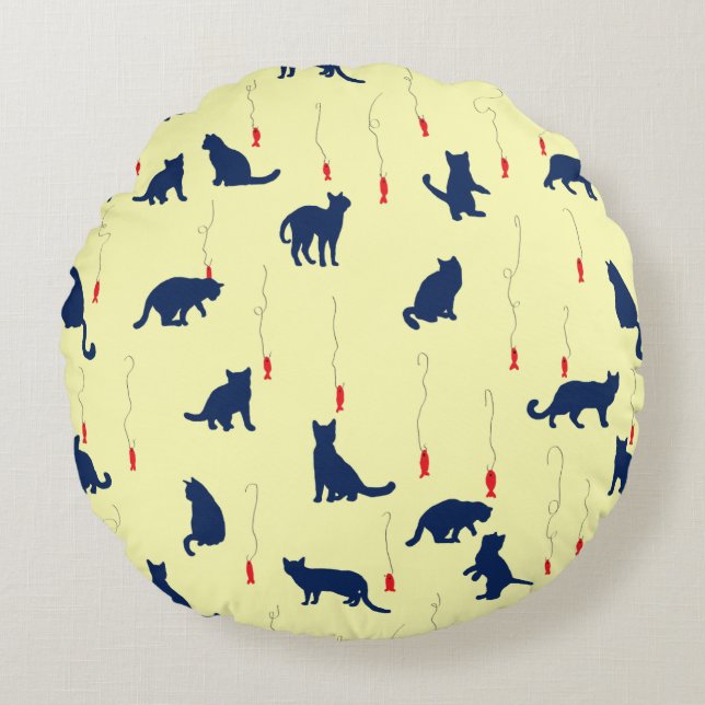 Cojín Redondo Gatitos lindos azules y peces rojos (Anverso)