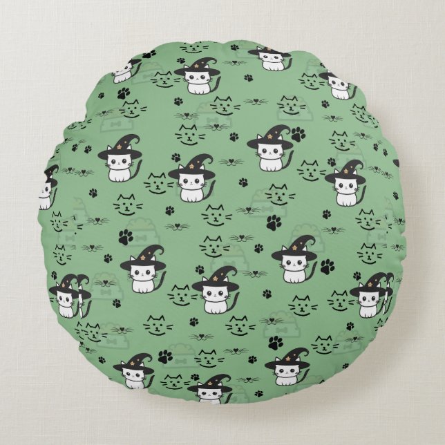 Cojín Redondo Gatitos y pinturas en verde del mar oscuro (Anverso)