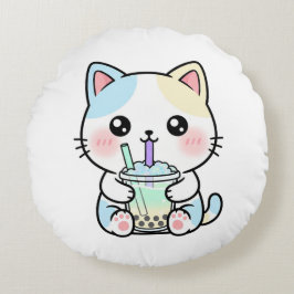 Cojín Redondo Gato Adorable con Bebida – Almohadón