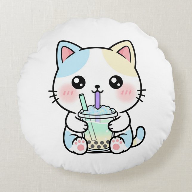 Cojín Redondo Gato Adorable con Bebida – Almohadón (Anverso)