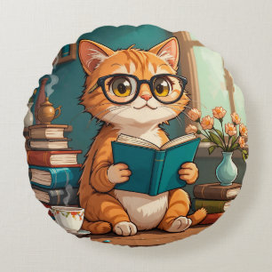 Cojín Redondo Gato Adorable con gafas leyendo un libro