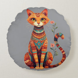 Cojín Redondo Gato artístico lindo con rama floral