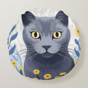 Cojín Redondo Gato Azul Ruso Flores Amarillas