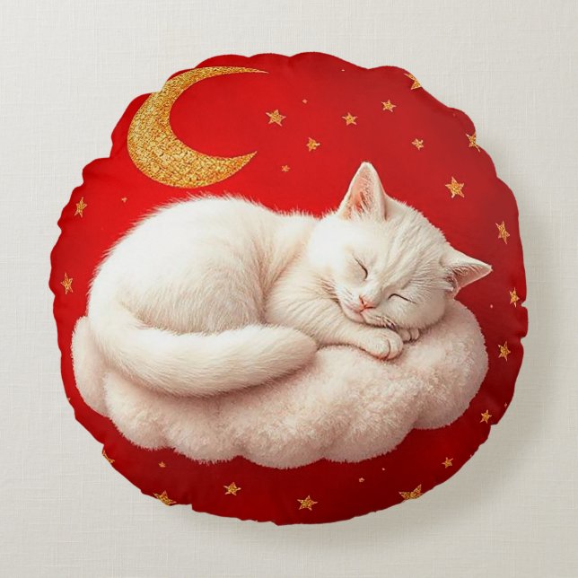 Cojín Redondo Gato blanco adorable (Anverso)