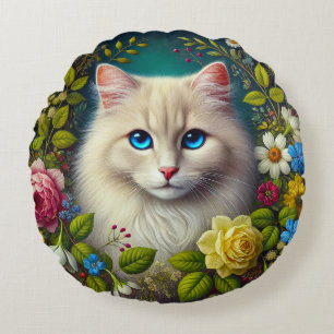 Cojín Redondo Gato Blanco Con Ojos Azules