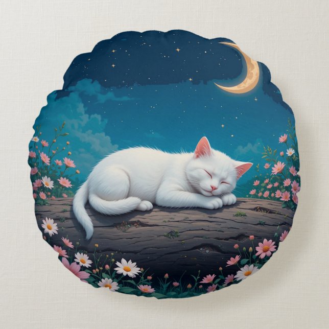 Cojín Redondo Gato Blanco Durmiendo Pacífico en un Tronco (Anverso)