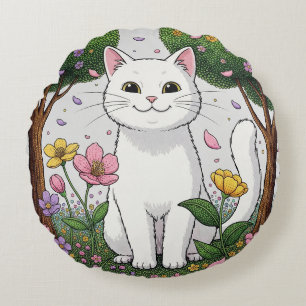 Cojín Redondo Gato Blanco en un Jardín Colorido