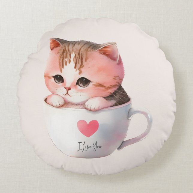 Cojín Redondo Gato blanco-rosado en una taza de té (2) (Anverso)