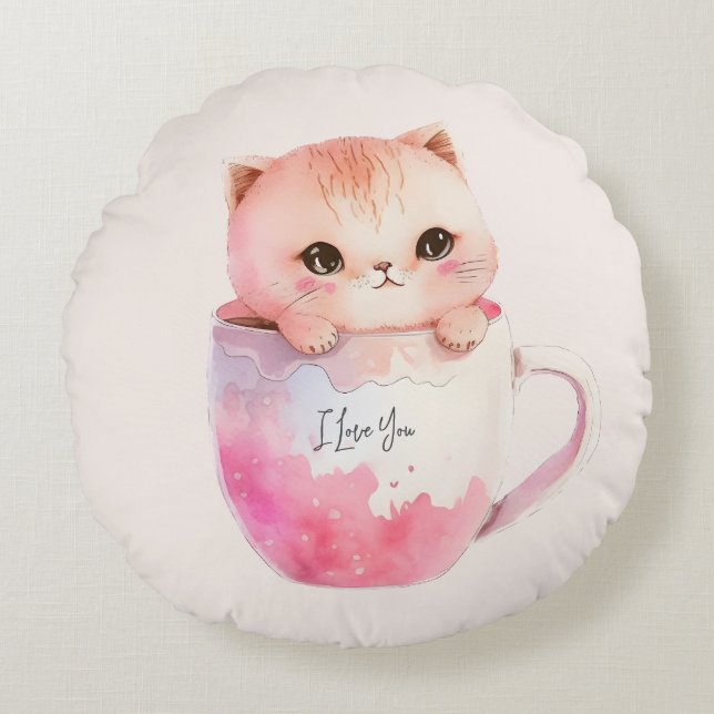 Cojín Redondo Gato blanco-rosado en una taza de té (2) (Anverso)