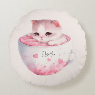 Cojín Redondo Gato blanco-rosado en una taza de té (3)