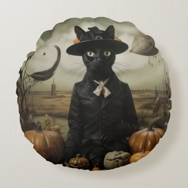 Cojín Redondo Gato Bruja con Calabazas  (Anverso)