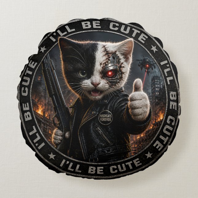 Cojín Redondo Gato cibernético/gato cyborg (Anverso)
