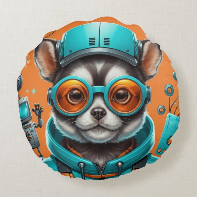 Cojín Redondo Gato con gafas Aqua-Naranja (Reverso)