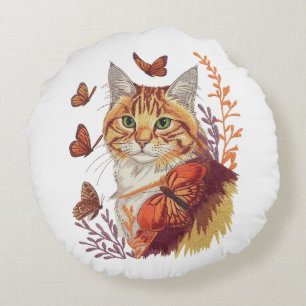 Cojín Redondo Gato con mariposas monarcas