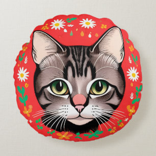 Cojín Redondo Gato con tocado floral