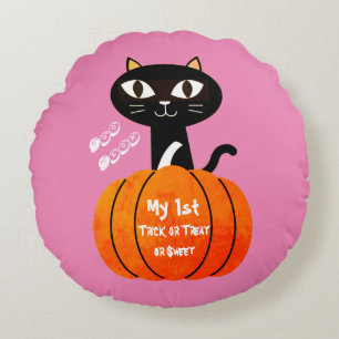 Cojín Redondo Gato de calabaza de Naranja negro Tocante Hallowee
