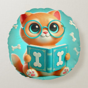 Cojín Redondo Gato de dibujos animados adorable leyendo un libro