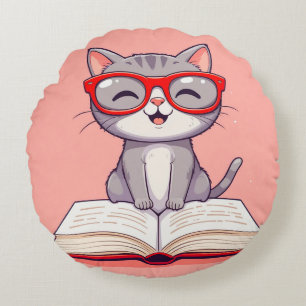 Cojín Redondo Gato de dibujos animados lindo que lleva gafas