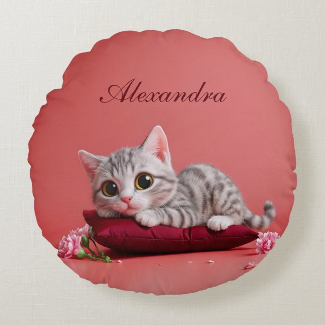 Cojín Redondo Gato de enero lindo con claveles (Anverso)