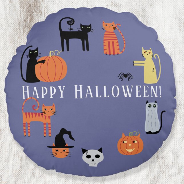 Cojín Redondo Gato de Halloween Spooky (Fun Halloween Cats round pillow)