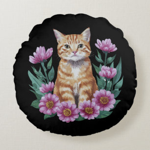 Cojín Redondo Gato de jengibre en flores