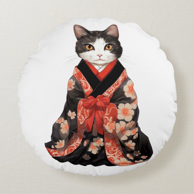 Cojín Redondo Gato de Kimono (Anverso)