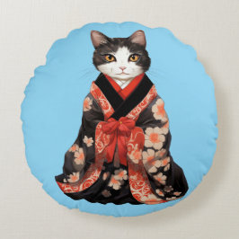 Cojín Redondo Gato de Kimono (AZUL)