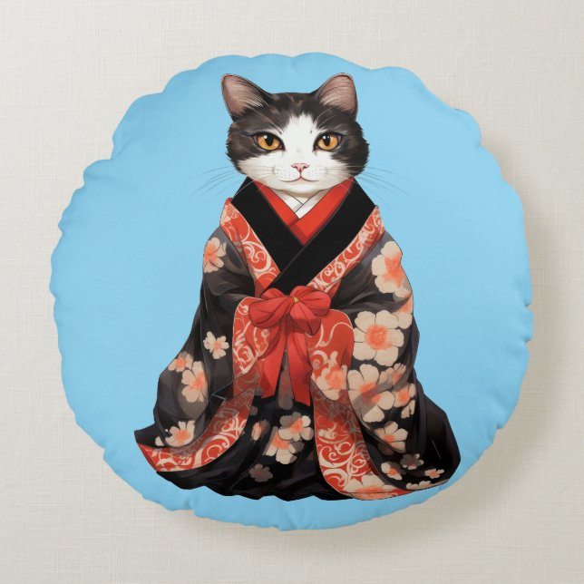 Cojín Redondo Gato de Kimono (AZUL) (Anverso)