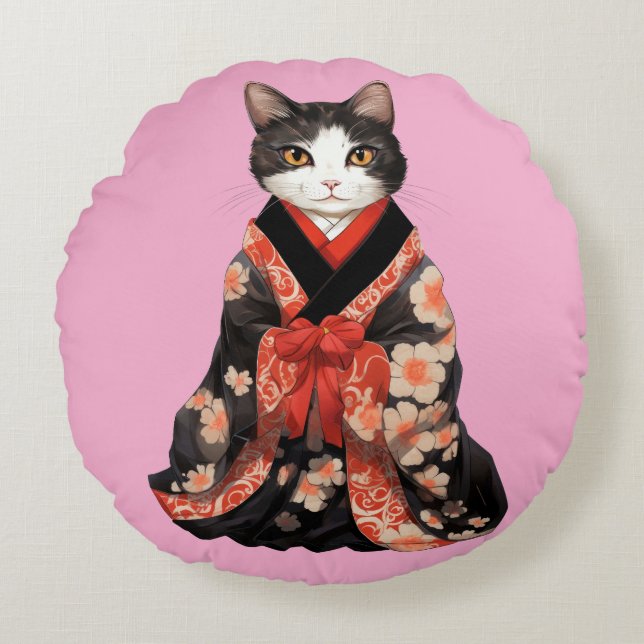 Cojín Redondo Gato de Kimono (PINK) (Anverso)