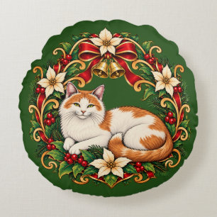 Cojín Redondo Gato de Navidad Art Nouveau con Corona de Acebo