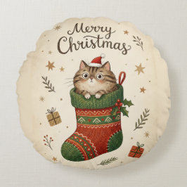 Cojín Redondo Gato de Navidad en Calcetín