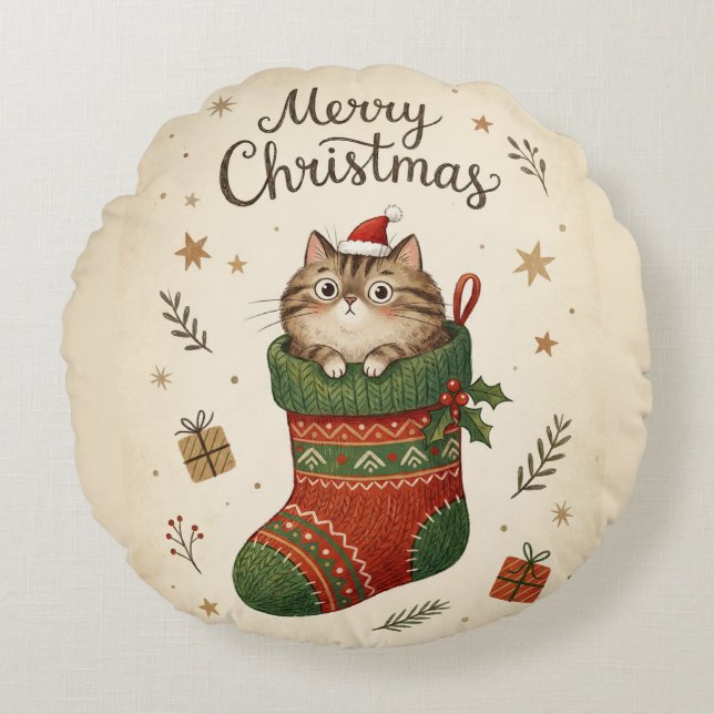 Cojín Redondo Gato de Navidad en Calcetín (Anverso)