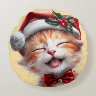 Cojín Redondo Gato de Navidades cortos con Santa Hat y Bow Tie