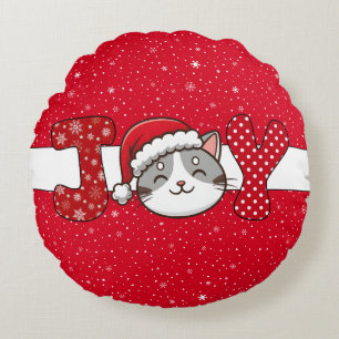 Cojín Redondo Gato de navidades "JOY" Copo de nieve blanco rojo 