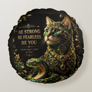 Cojín Redondo Gato Dorado Ojos Verdes Arte Elegante