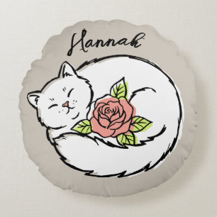 Cojín Redondo Gato Dormido Lindo Rosa Rosa Nombre Personalizado